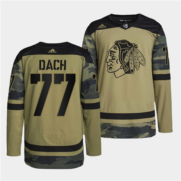 Personalized Men’s Chicago Blackhawks #77 Kirby Dach 2022 Camo Military Appreciation Night White Stitched Jersey