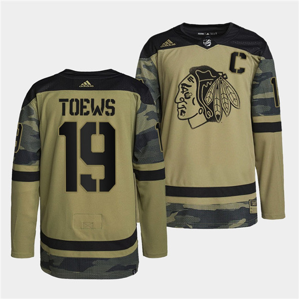 Personalized Men’s Chicago Blackhawks #19 Jonathan Toews 2022 Camo Military Appreciation Night White Stitched Jersey