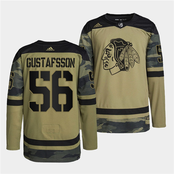 Personalized Men’s Chicago Blackhawks #56 Erik Gustafsson 2022 Camo Military Appreciation Night White Stitched Jersey