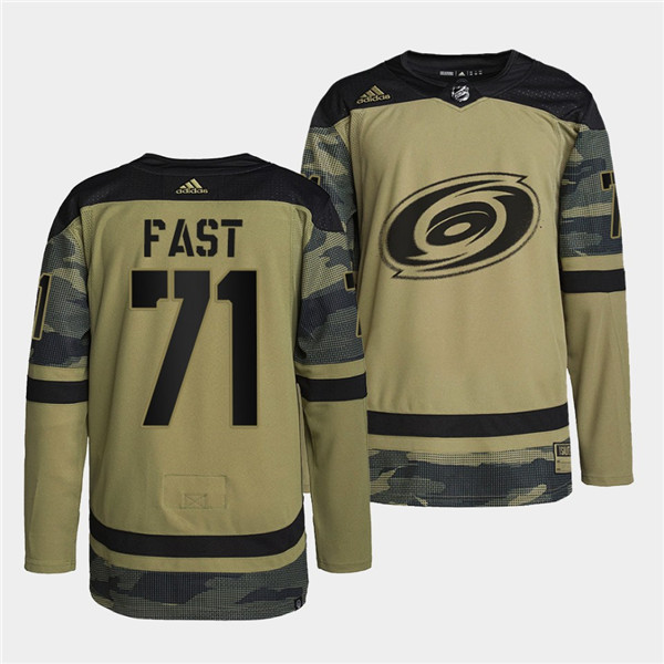 Personalized Men’s Carolina Hurricanes #71 Jesper Fast 2022 Camo Military Appreciation Night Stitched Jersey