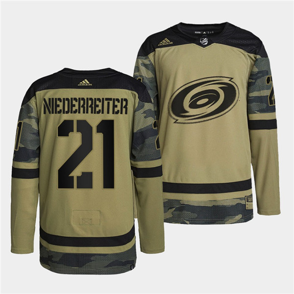 Personalized Men’s Carolina Hurricanes #21 Nino Niederreiter 2022 Camo Military Appreciation Night Stitched Jersey