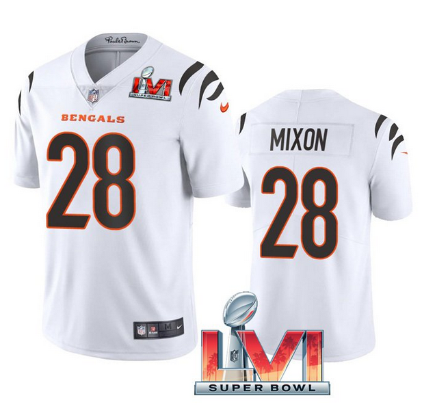 Personalized Women’s Cincinnati Bengals #28 Joe Mixon 2022 White Super Bowl LVI Limited Stitched Jersey