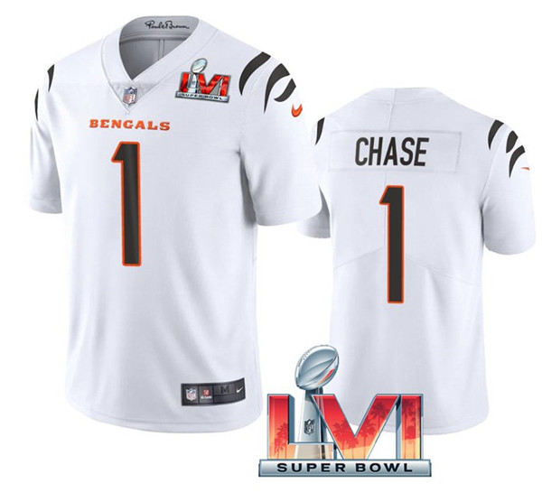 Personalized Women’s Cincinnati Bengals #1 Ja’Marr Chase 2022 White Super Bowl LVI Limited Stitched Jersey