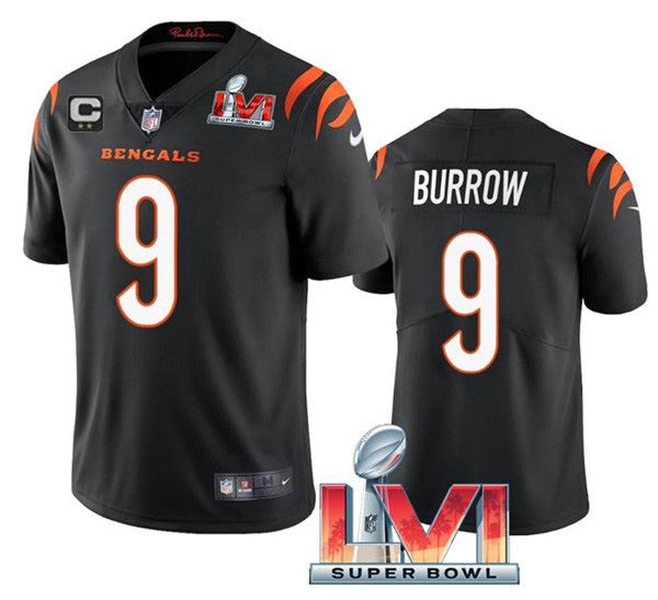 Personalized Women’s Cincinnati Bengals #9 Joe Burrow 2022 Black With C Patch Super Bowl LVI Limited Stitched Jersey