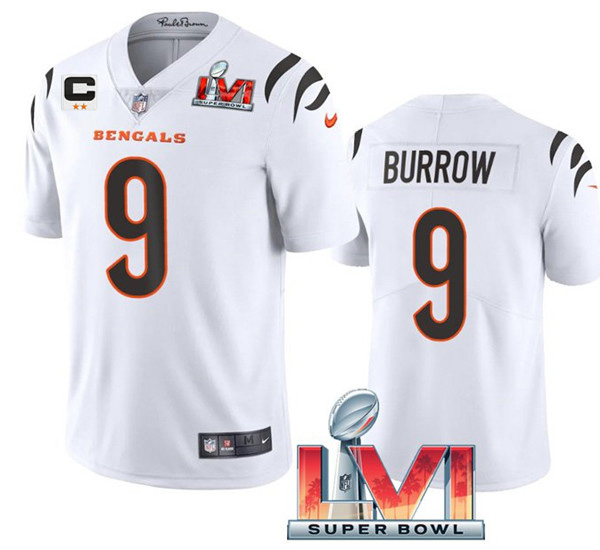 Personalized Women’s Cincinnati Bengals #9 Joe Burrow 2022 White With C Patch Super Bowl LVI Limited Stitched Jersey