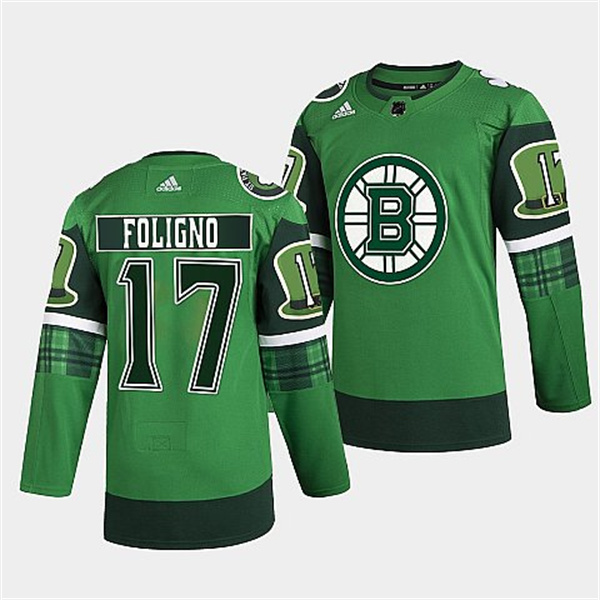 Personalized Men’s Boston Bruins #17 Nick Foligno 2022 Green St Patricks Day Warm-Up Stitched Jersey