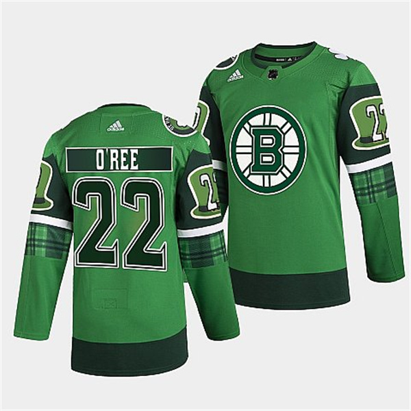 Personalized Men’s Boston Bruins #22 Willie O’Ree 2022 Green St Patricks Day Warm-Up Stitched Jersey