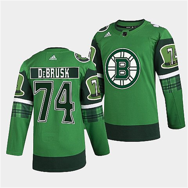 Personalized Men’s Boston Bruins #74 Jake DeBrusk 2022 Green St Patricks Day Warm-Up Stitched Jersey