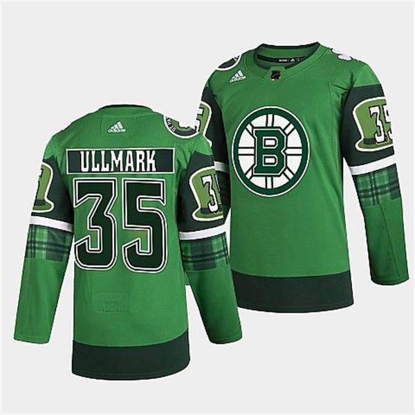 Personalized Men’s Boston Bruins #35 Linus Ullmark 2022 Green St Patricks Day Warm-Up Stitched Jersey