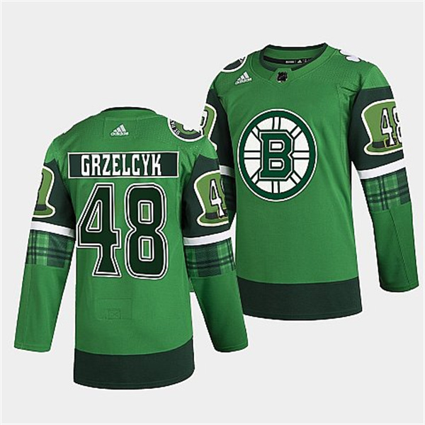 Personalized Men’s Boston Bruins #48 Matt Grzelcyk 2022 Green St Patricks Day Warm-Up Stitched Jersey