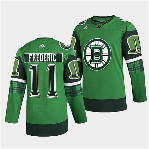 Personalized Men’s Boston Bruins #11 Trent Frederic 2022 Green St Patricks Day Warm-Up Stitched Jersey