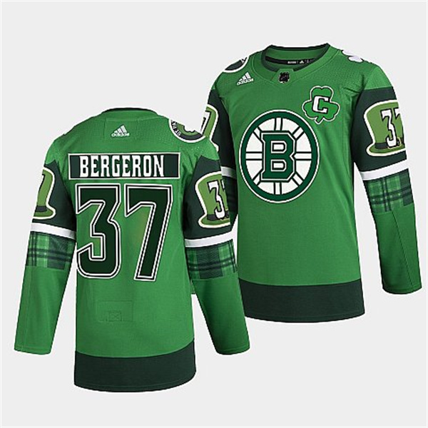 Personalized Men’s Boston Bruins #37 Patrice Bergeron 2022 Green St Patricks Day Warm-Up Stitched Jersey