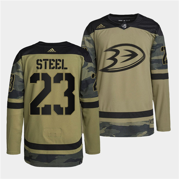 Personalized Men’s Anaheim Ducks #23 Sam Steel 2022 Camo Military Appreciation Night Stitched Jersey
