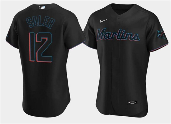 Personalized Men’s Miami Marlins #12 Jorge Soler Black Flex Base Stitched Jersey