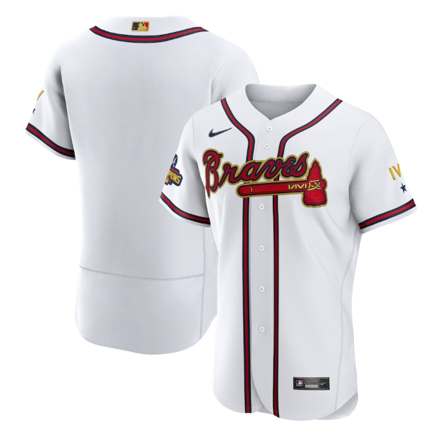 Personalized Men’s Atlanta Braves Blank 2022 White Gold World Series Champions Program Flex Base Stitched Baseball Jersey