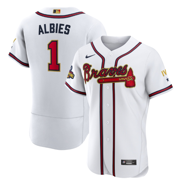 Personalized Men’s Atlanta Braves #1 Ozzie Albies 2022 White Gold World Series Champions Program Flex Base Stitched Baseball Jersey