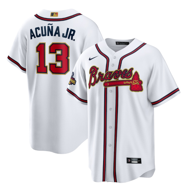 Personalized Men’s Atlanta Braves #13 Ronald Acuña Jr. 2022 White Gold World Series Champions Program Cool Base Stitched Baseball Jersey