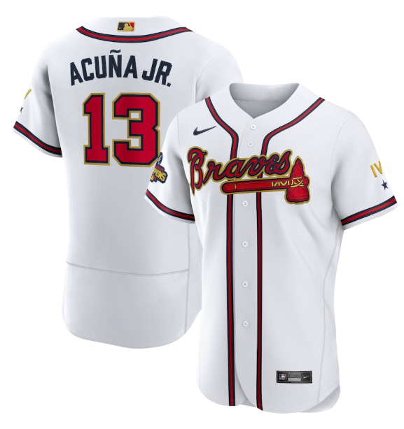 Personalized Men’s Atlanta Braves #13 Ronald Acuña Jr. 2022 White Gold World Series Champions Program Flex Base Stitched Baseball Jersey