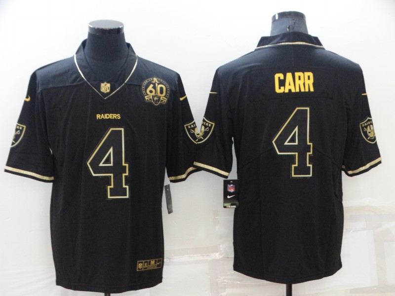 Personalized Men’s Las Vegas Raiders #4 Derek Carr Black Gold With 60th Anniversary Patch Limited Stitched Jersey