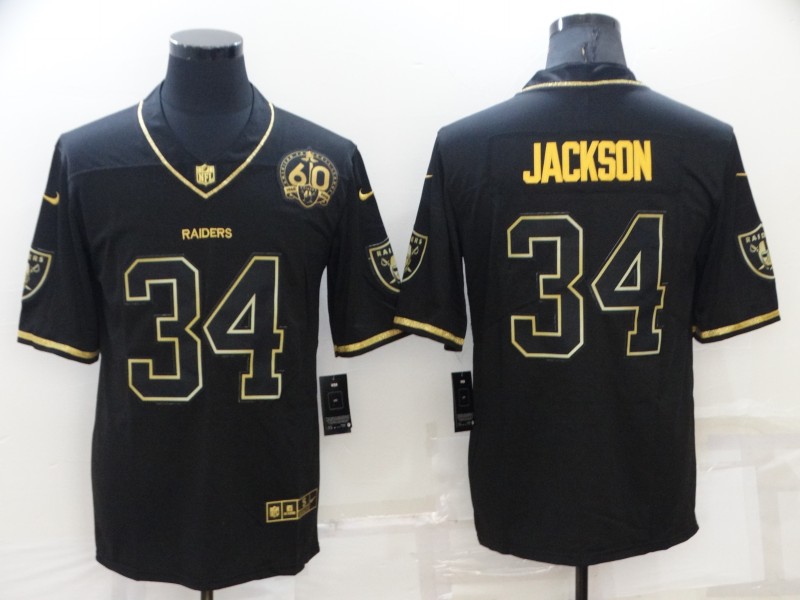 Personalized Men’s Las Vegas Raiders #34 Bo Jackson Black Gold With 60th Anniversary Patch Limited Stitched Jersey
