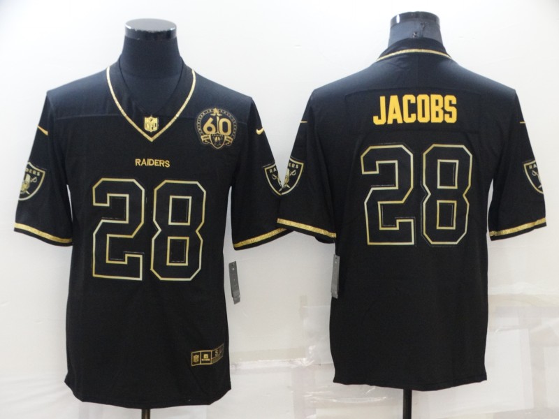 Personalized Men’s Las Vegas Raiders #28 Josh Jacobs Black Gold With 60th Anniversary Patch Limited Stitched Jersey