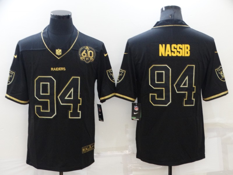 Personalized Men’s Las Vegas Raiders #94 Carl Nassib Black Gold With 60th Anniversary Patch Limited Stitched Jersey