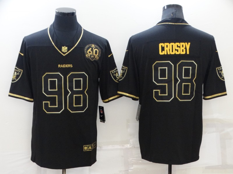 Personalized Men’s Las Vegas Raiders #98 Maxx Crosby Black Gold With 60th Anniversary Patch Limited Stitched Jersey