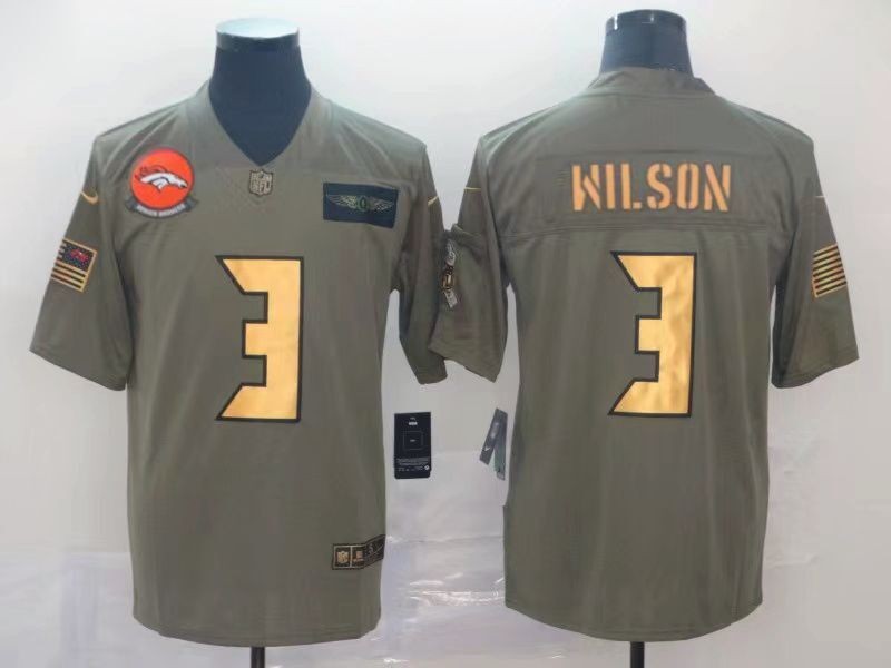 Personalized Men’s Denver Broncos #3 Russell Wilson Olive Gold Salute To Service Limited Stitched Jersey