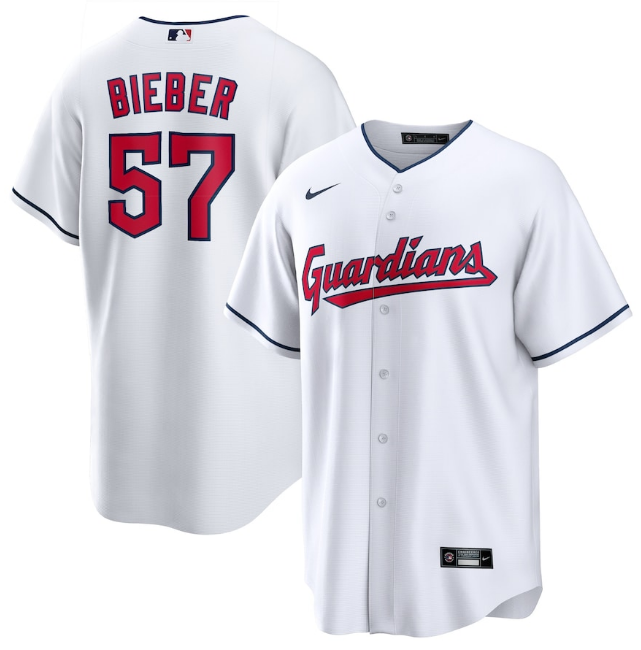 Personalized Men’s Cleveland Guardians #57 Shane Bieber White Cool Base Stitched Baseball Jersey