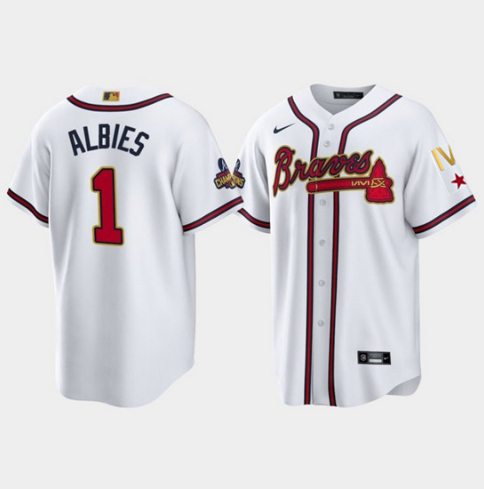 Personalized Men’s Atlanta Braves #1 Ozzie Albies 2022 White Gold World Series Champions Program Cool Base Stitched Baseball Jersey