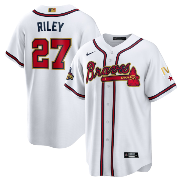 Personalized Men’s Atlanta Braves #27 Austin Riley 2022 White Gold World Series Champions Program Cool Base Stitched Baseball Jersey