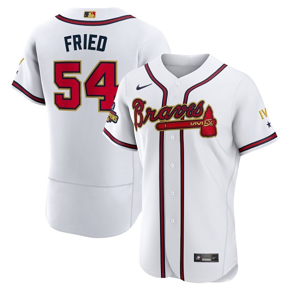 Personalized Men’s Atlanta Braves #54 Max Fried 2022 White Gold World Series Champions Program Flex Base Stitched Baseball Jersey