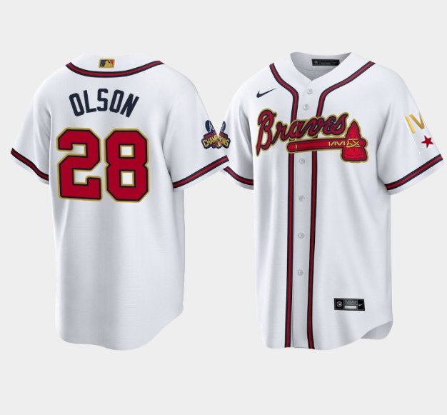 Personalized Men’s Atlanta Braves #28 Matt Olson 2022 White Gold World Series Champions Program Cool Base Stitched Baseball Jersey