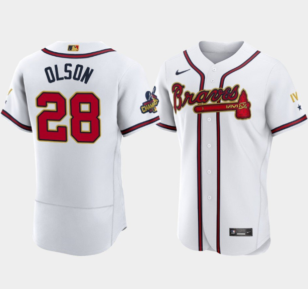 Personalized Men’s Atlanta Braves #28 Matt Olson 2022 White Gold World Series Champions Program Flex Base Stitched Baseball Jersey