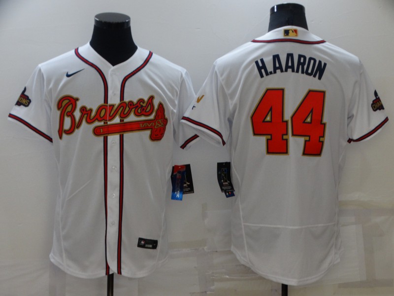 Personalized Men’s Atlanta Braves #44 Hank Aaron 2022 White Gold World Series Champions Program Flex Base Stitched Baseball Jersey