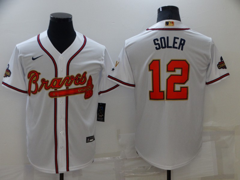 Personalized Men’s Atlanta Braves #12 Jorge Soler 2022 White Gold World Series Champions Program Cool Base Stitched Baseball Jersey