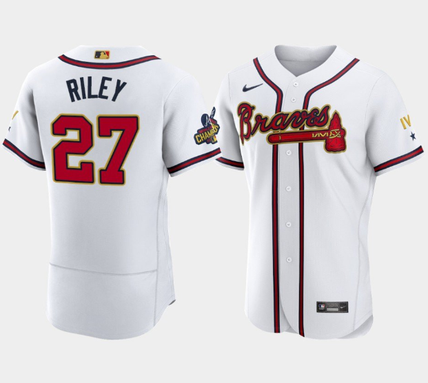 Personalized Men’s Atlanta Braves #27 Austin Riley 2022 White Gold World Series Champions Program Flex Base Stitched Baseball Jersey