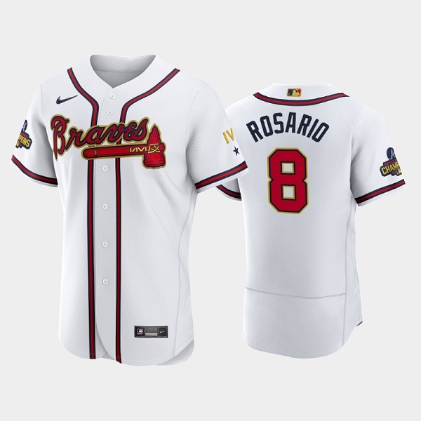 Personalized Men’s Atlanta Braves #8 Eddie Rosario 2022 White Gold World Series Champions Program Flex Base Stitched Baseball Jersey