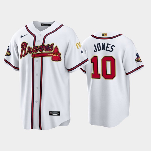 Personalized Men’s Atlanta Braves #10 Chipper Jones 2022 White Gold World Series Champions Program Cool Base Stitched Baseball Jersey