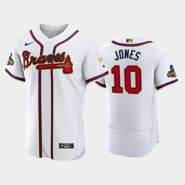 Personalized Men’s Atlanta Braves #10 Chipper Jones 2022 White Gold World Series Champions Program Flex Base Stitched Baseball Jersey