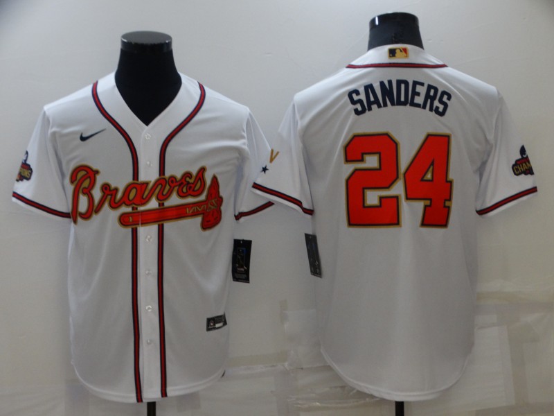 Personalized Men’s Atlanta Braves #24 Deion Sanders 2022 White Gold World Series Champions Program Cool Base Stitched Baseball Jersey