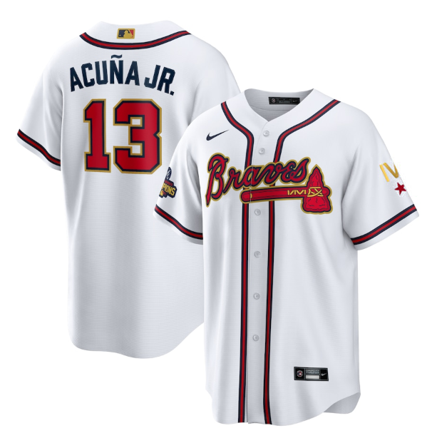 Personalized Men’s Atlanta Braves #13 Ronald Acuña Jr. 2022 White Gold World Series Champions Program Cool Base Stitched Baseball Jersey
