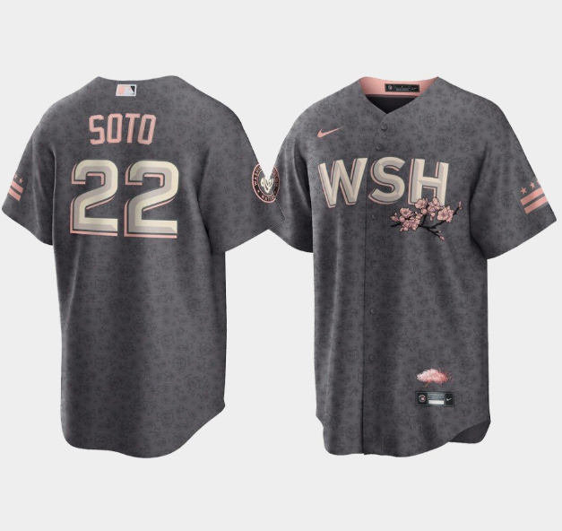 Personalized Men’s Washington Nationals #22 Juan Soto 2022 Grey City Connect Cherry Blossom Cool Base Stitched Jersey