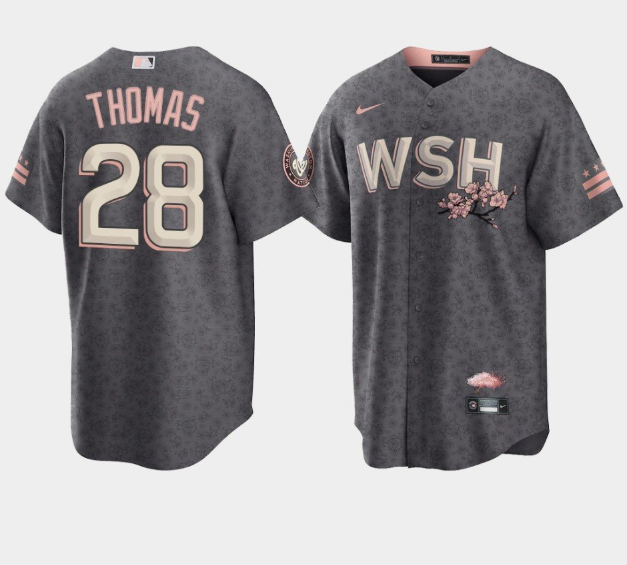 Personalized Men’s Washington Nationals #28 Lane Thomas 2022 Grey City Connect Cherry Blossom Cool Base Stitched Jersey