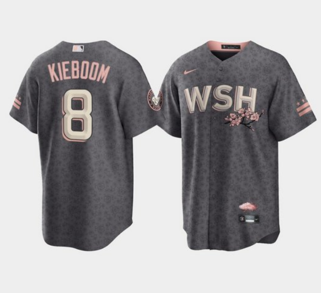 Personalized Men’s Washington Nationals #8 Carter Kieboom 2022 Grey City Connect Cherry Blossom Cool Base Stitched Jersey
