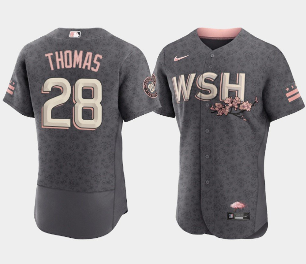 Personalized Men’s Washington Nationals #28 Lane Thomas 2022 Grey City Connect Cherry Blossom Flex Base Stitched MLB Jersey