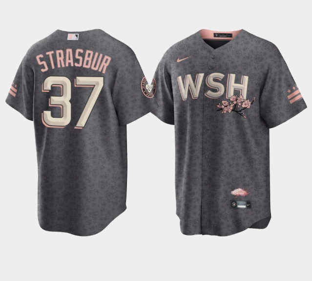 Personalized Men’s Washington Nationals #37 Stephen Strasburg 2022 Grey City Connect Cherry Blossom Cool Base Stitched Jersey