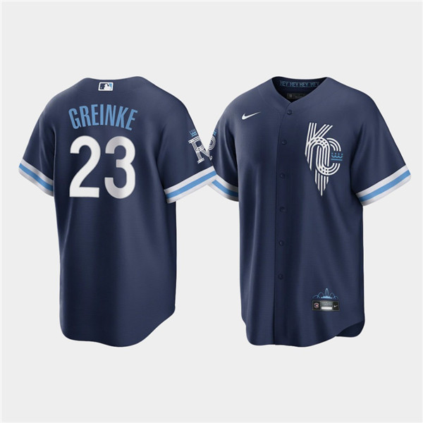 Personalized Men’s Kansas City Royals #23 Zack Greinke 2022 Navy City Connect Cool Base Stitched Jersey