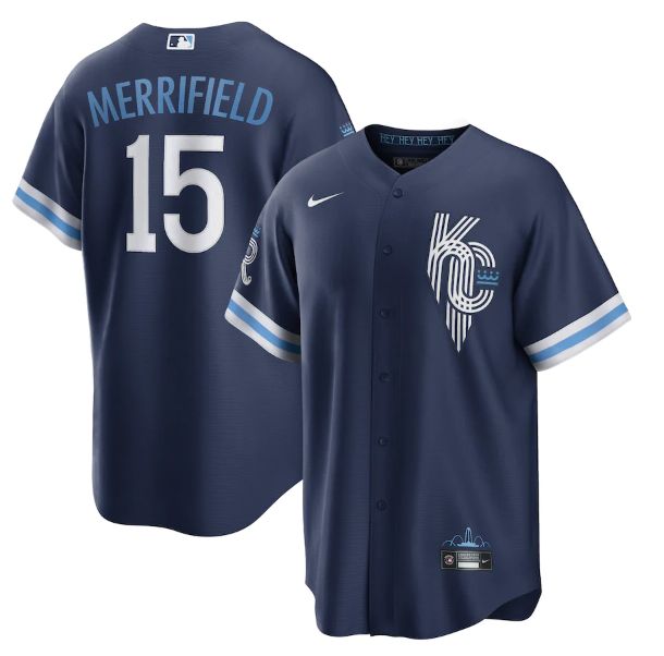 Personalized Men’s Kansas City Royals #15 Whit Merrifield 2022 Navy City Connect Cool Base Stitched Jersey