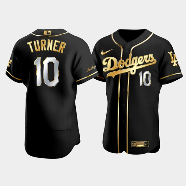 Personalized Men’s Los Angeles Dodgers #10 Justin Turner Black Gold Flex Base Stitched Baseball Jersey
